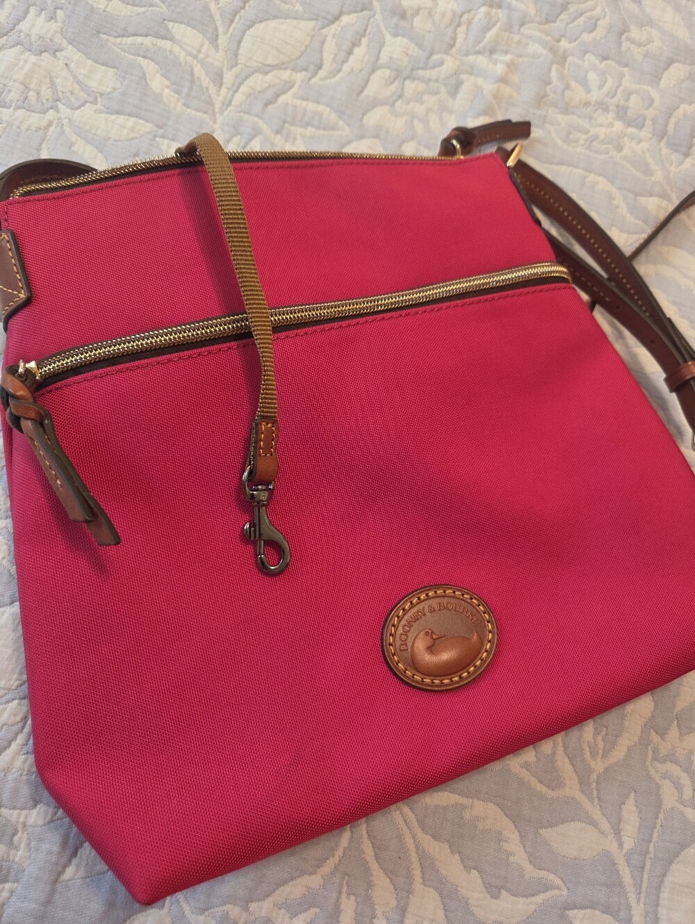 Dooney & Bourke Hot Pink Crossbody with Brown Leather Trim - Picture 3 of 13